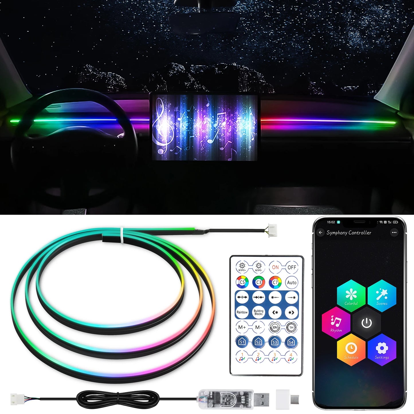 Vgetting For Tesla Car Ambient Lights USB LED Interior RGB Symphony Atmosphere Lamp APP Control Remote For Universal Car Models