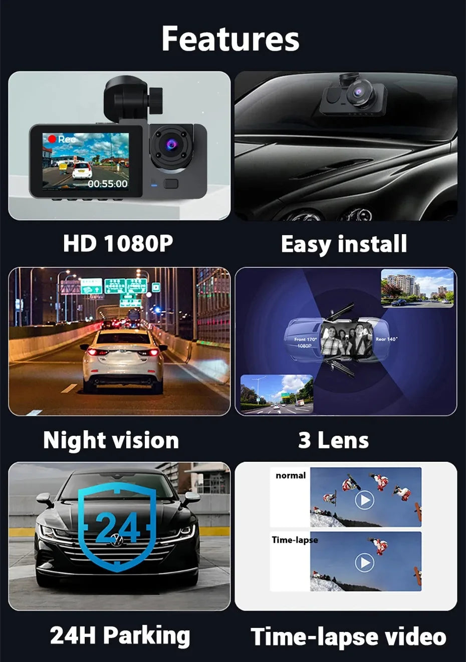 Dash Cam for Cars Camera HD 1080P Video Recorder Dashcam DVR Black Box Dual Lens DVR with Rear View Camera for Vehicle