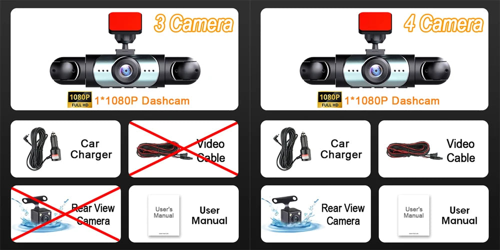 Dash Cam for Car 3/4 Channels Video Recorder 1080P Car DVR Front inside Rotatable and Rear View Night Vision Car accessory