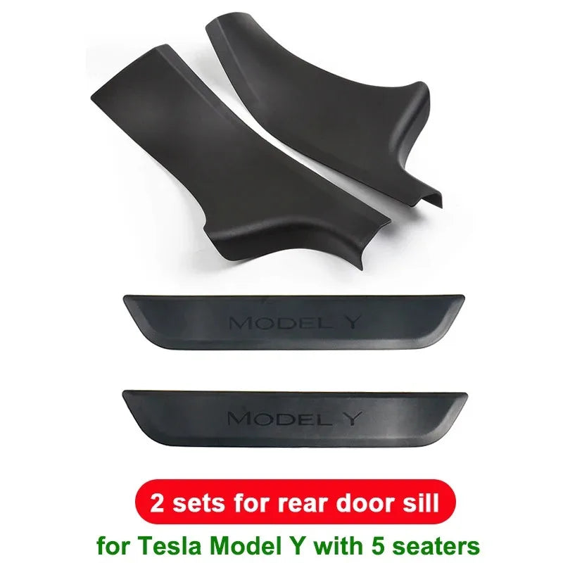 2pcs Rear Door Sill Guards For Tesla Model Y ABS Inner Protector Plate Cover Trim Car Anti-Dirty Bumper Welcome Pedal Kick Pad