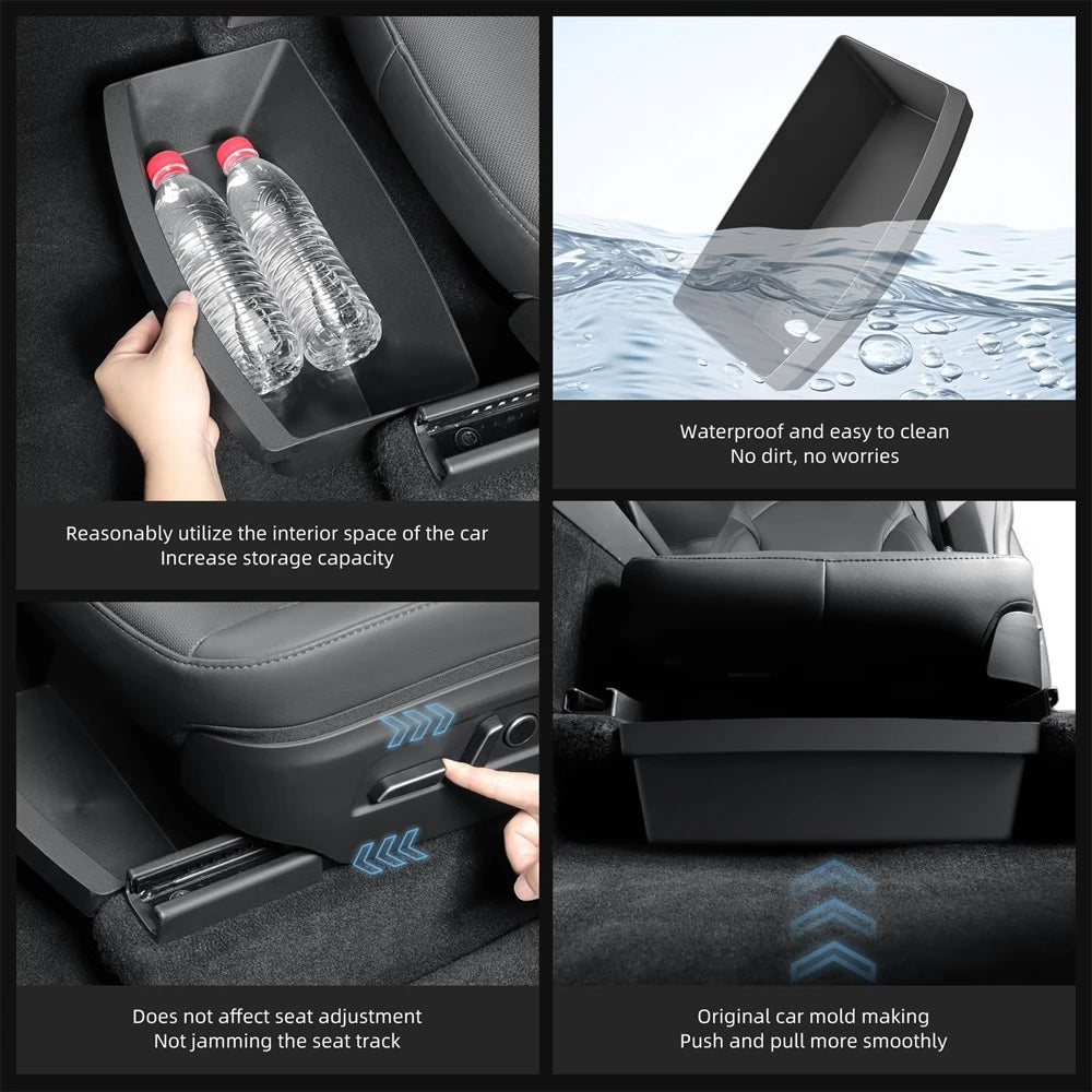 Under Seat Storage Box For Tesla Model Y Juniper 2025 Center Console Organizer Bins Front Backseat Bag Trash Tray Accessories