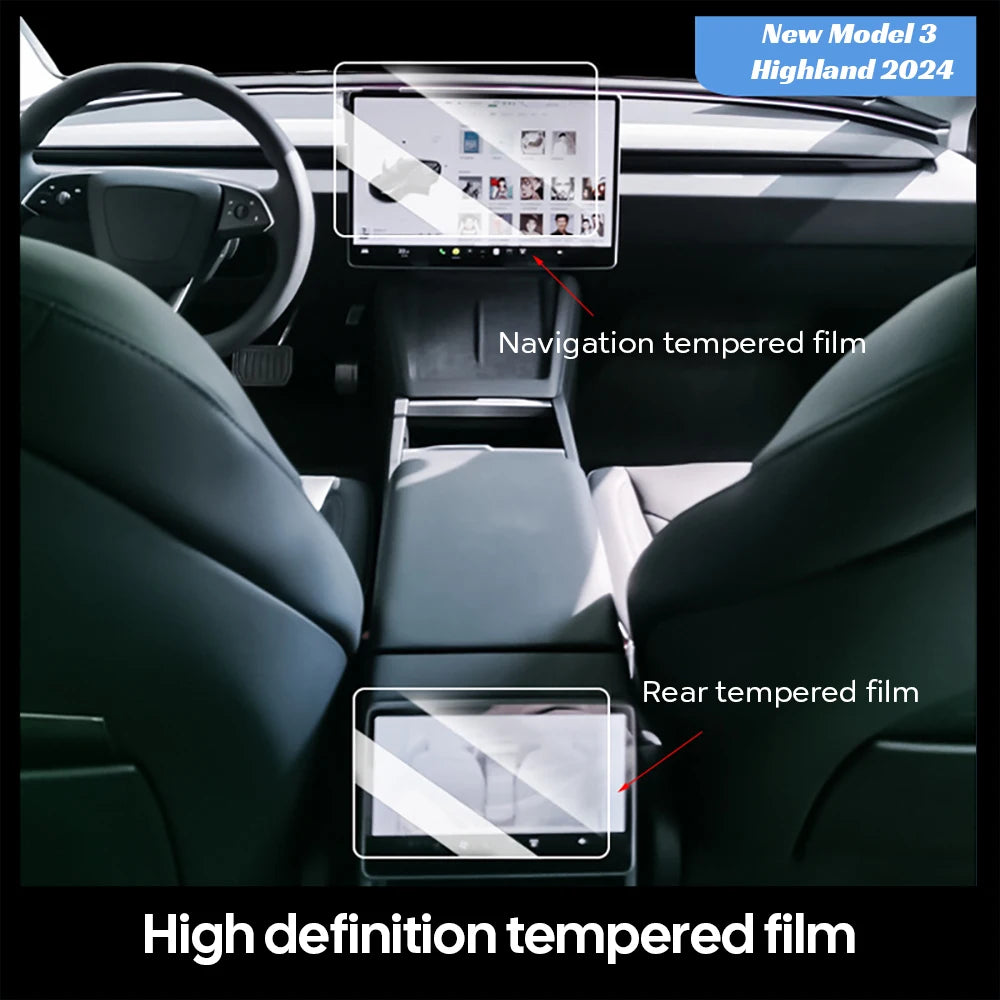 Tempered Glass Film Protector for New Tesla Model Y Juniper 2025 Launch Model 3 Highland 2024 Front and Rear Screen Protective