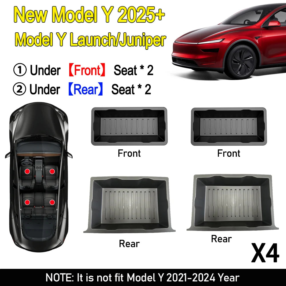 Under Seat Storage Box For Tesla Model Y Juniper 2025 Center Console Organizer Bins Front Backseat Bag Trash Tray Accessories