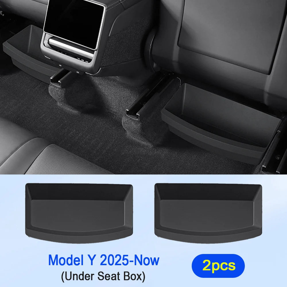 Under Seat Storage Box For Tesla Model Y Juniper 2025 Center Console Organizer Bins Front Backseat Bag Trash Tray Accessories