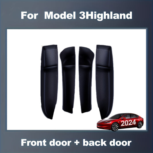 4pcs Premium Tesla Car Door Slot Tray Organizers - Spacious Storage, TPE Material, Easy Installation, Model 3 and Highland Compatible, Durable and Water-Resistant Design