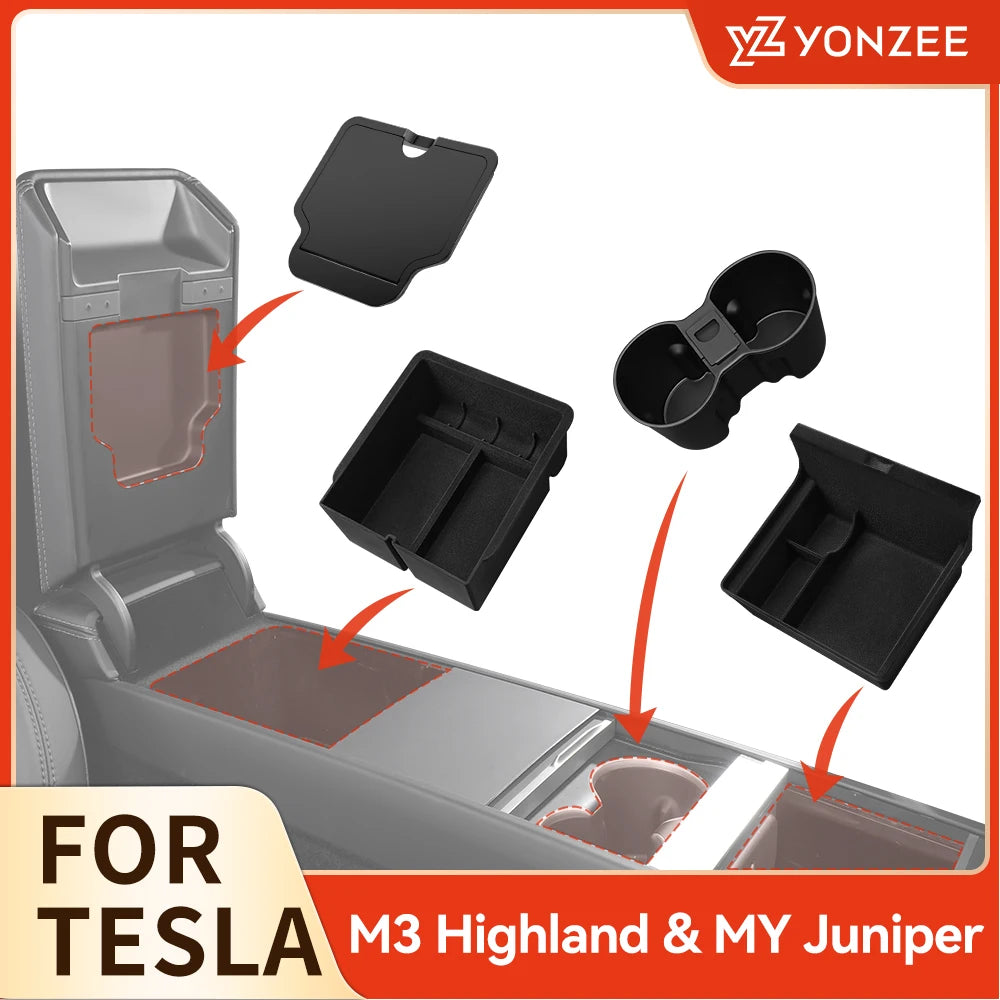 For Tesla Model 3 Highland 2025 Model Y 2021-2025 Center Armrest Hidden Storage Box Cup Holder Console Organizer Box Accessories