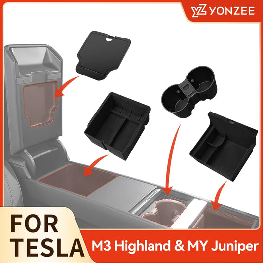 For Tesla Model 3 Highland 2025 Model Y 2021-2025 Center Armrest Hidden Storage Box Cup Holder Console Organizer Box Accessories