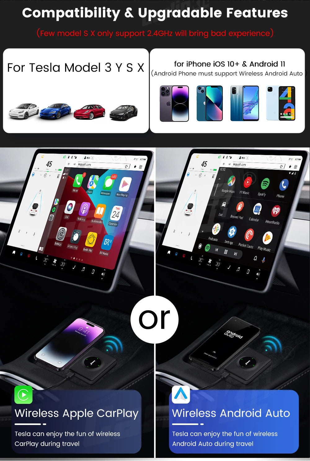 T2C Carlinkit Wireless CarPlay Adapter For Tesla Car Play Wireless Dongle for Model 3 Model Y S X Waze Spotify Android Auto