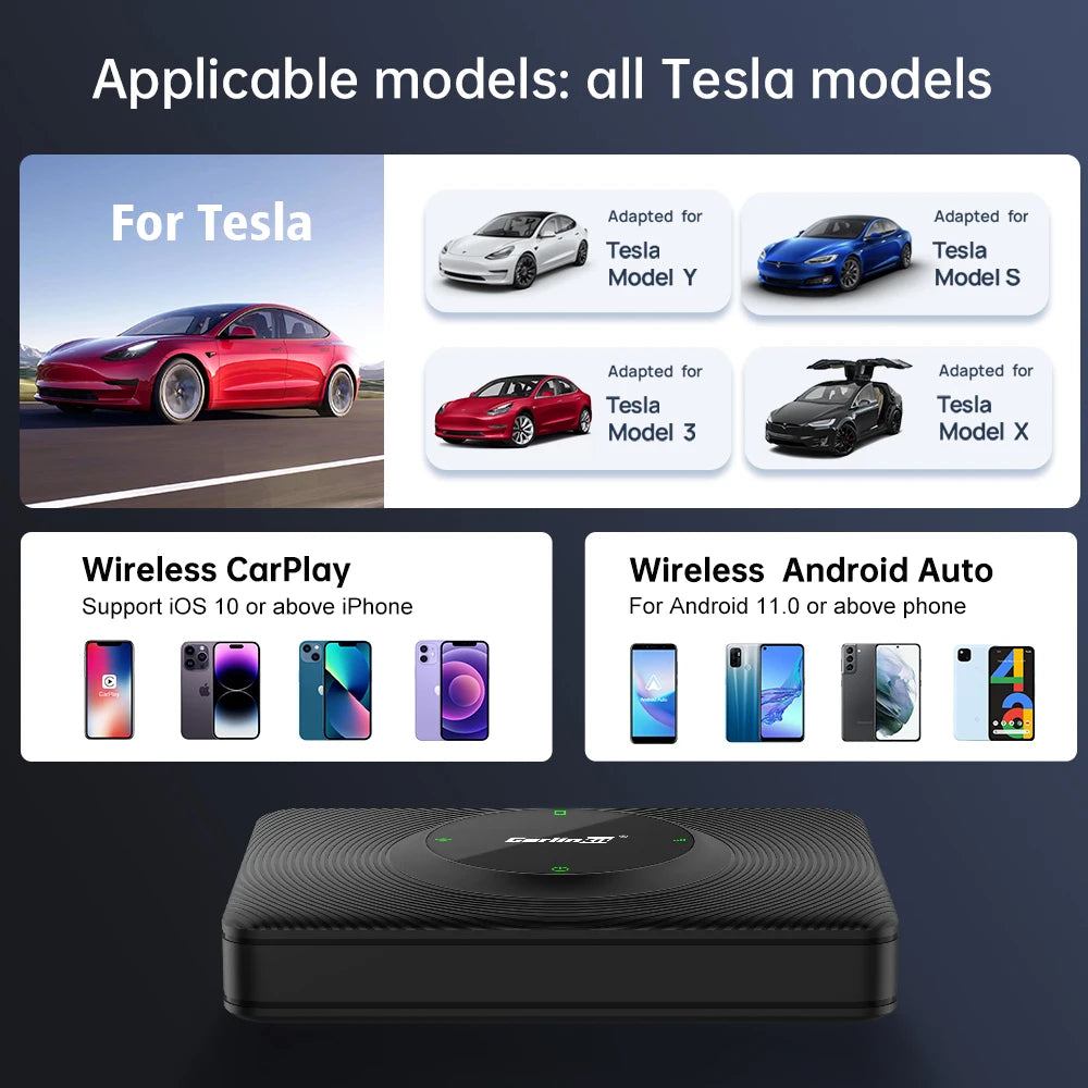 CarlinKit Wireless Android Auto & CarPlay USB Adapter For Tesla Car Model 3 Model Y Model X/S Online Upgrade Waze Spotify Ai Box