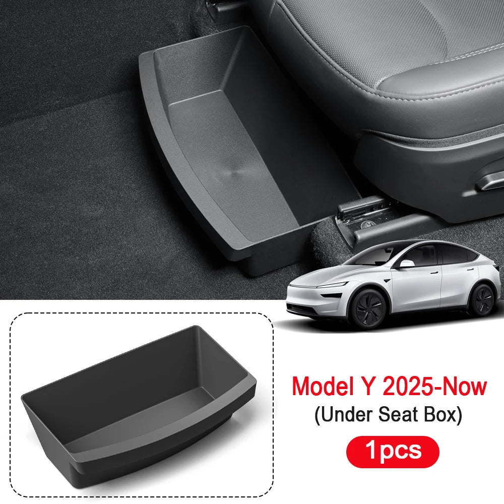 Under Seat Storage Box For Tesla Model Y Juniper 2025 Center Console Organizer Bins Front Backseat Bag Trash Tray Accessories