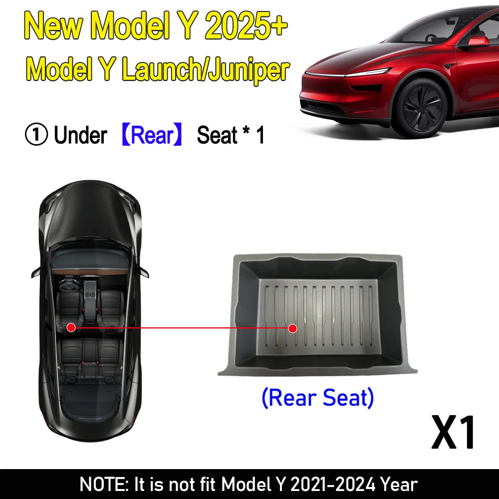 Under Seat Storage Box For Tesla Model Y Juniper 2025 Center Console Organizer Bins Front Backseat Bag Trash Tray Accessories
