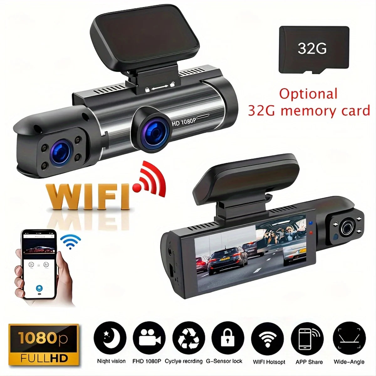 Dash Cam for Cars Dual Camera Front 1080P and Inside 720P with IR Night Vision, Loop Recording, and Wide Angle Lens
