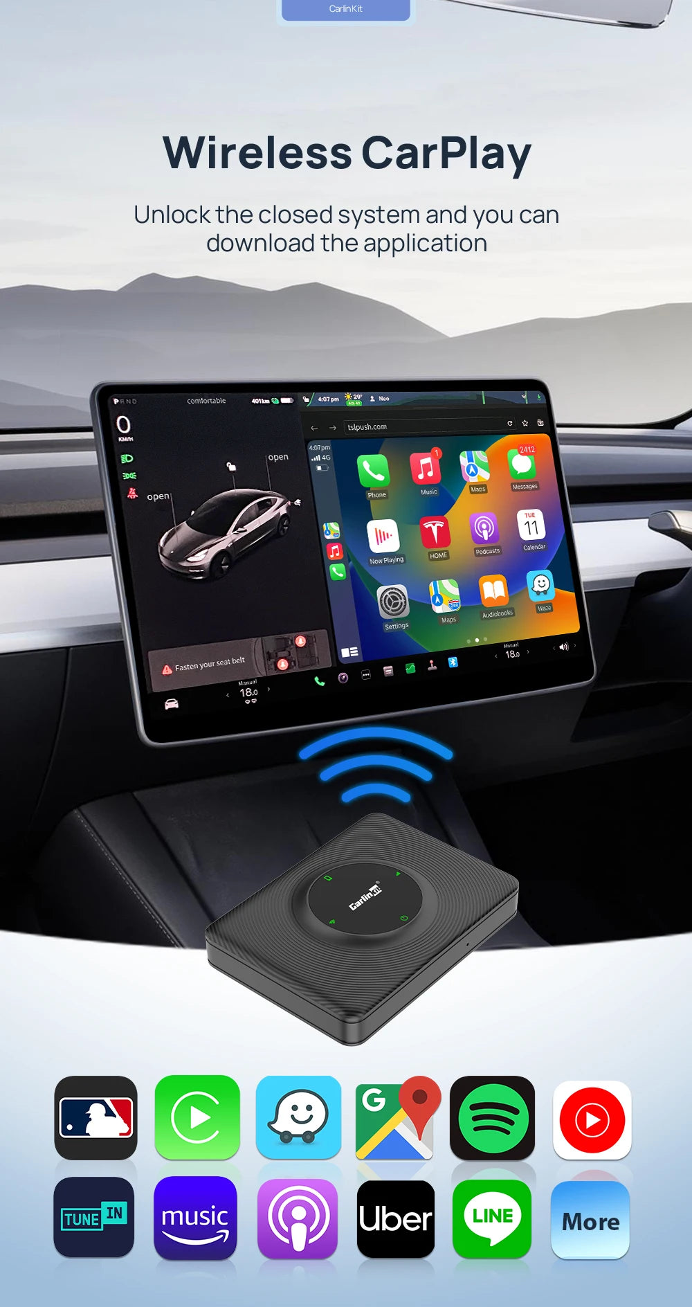 CarlinKit Wireless Android Auto & CarPlay USB Adapter For Tesla Car Model 3 Model Y Model X/S Online Upgrade Waze Spotify Ai Box