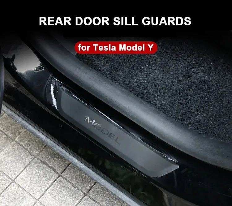 2pcs Rear Door Sill Guards For Tesla Model Y ABS Inner Protector Plate Cover Trim Car Anti-Dirty Bumper Welcome Pedal Kick Pad