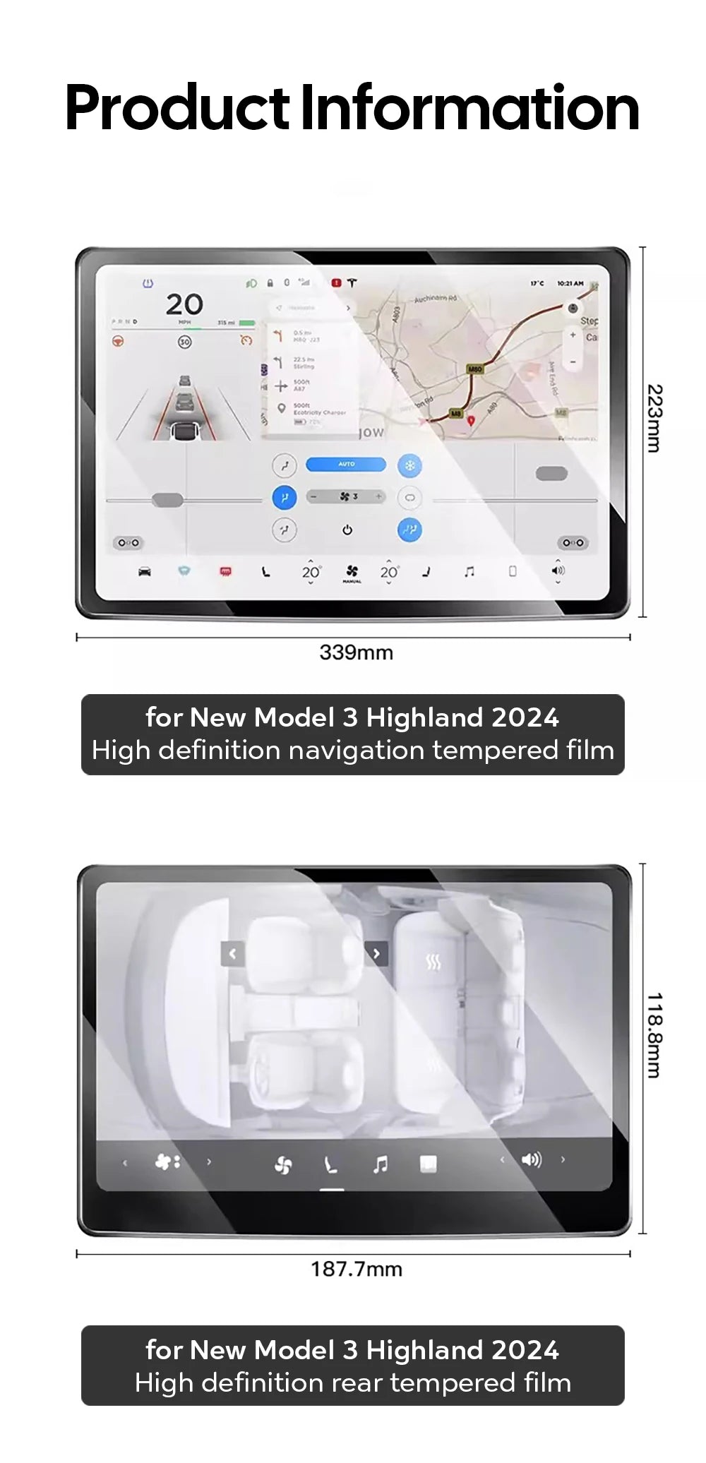 Tempered Glass Film Protector for New Tesla Model Y Juniper 2025 Launch Model 3 Highland 2024 Front and Rear Screen Protective