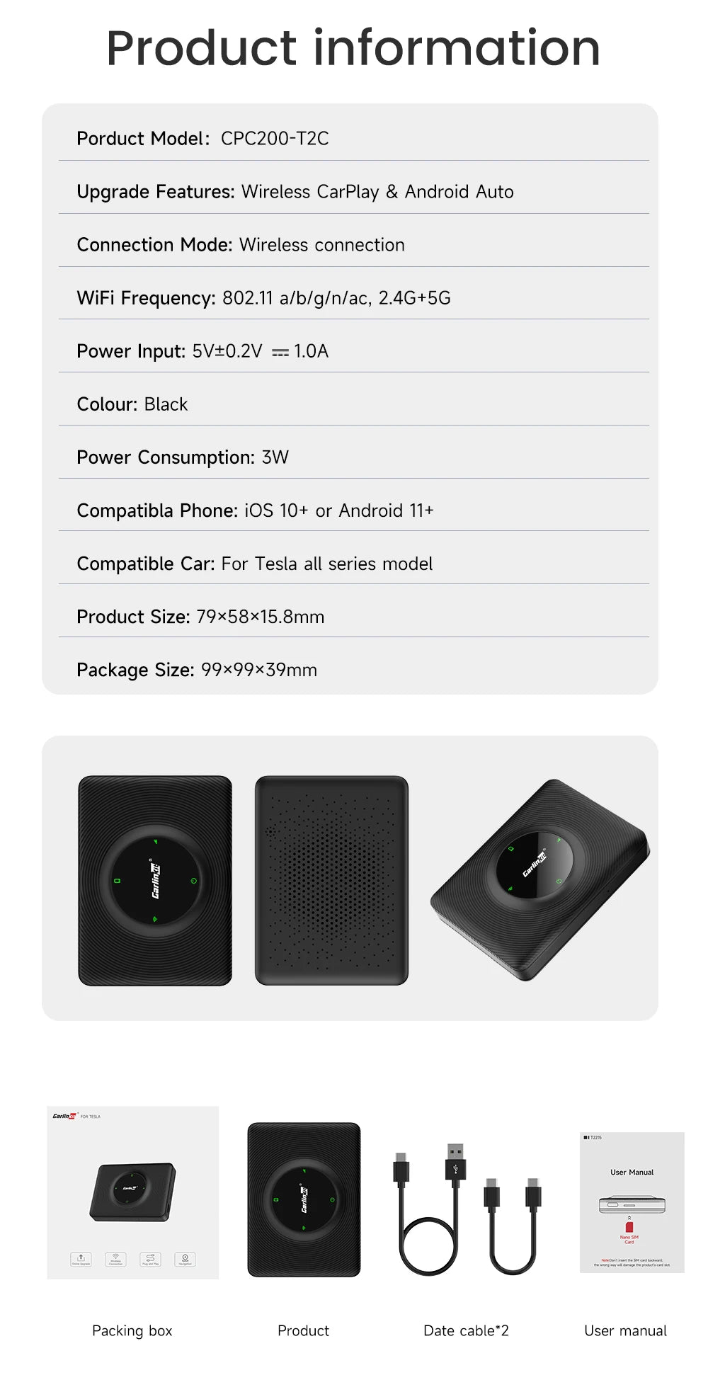 T2C Carlinkit Wireless CarPlay Adapter For Tesla Car Play Wireless Dongle for Model 3 Model Y S X Waze Spotify Android Auto
