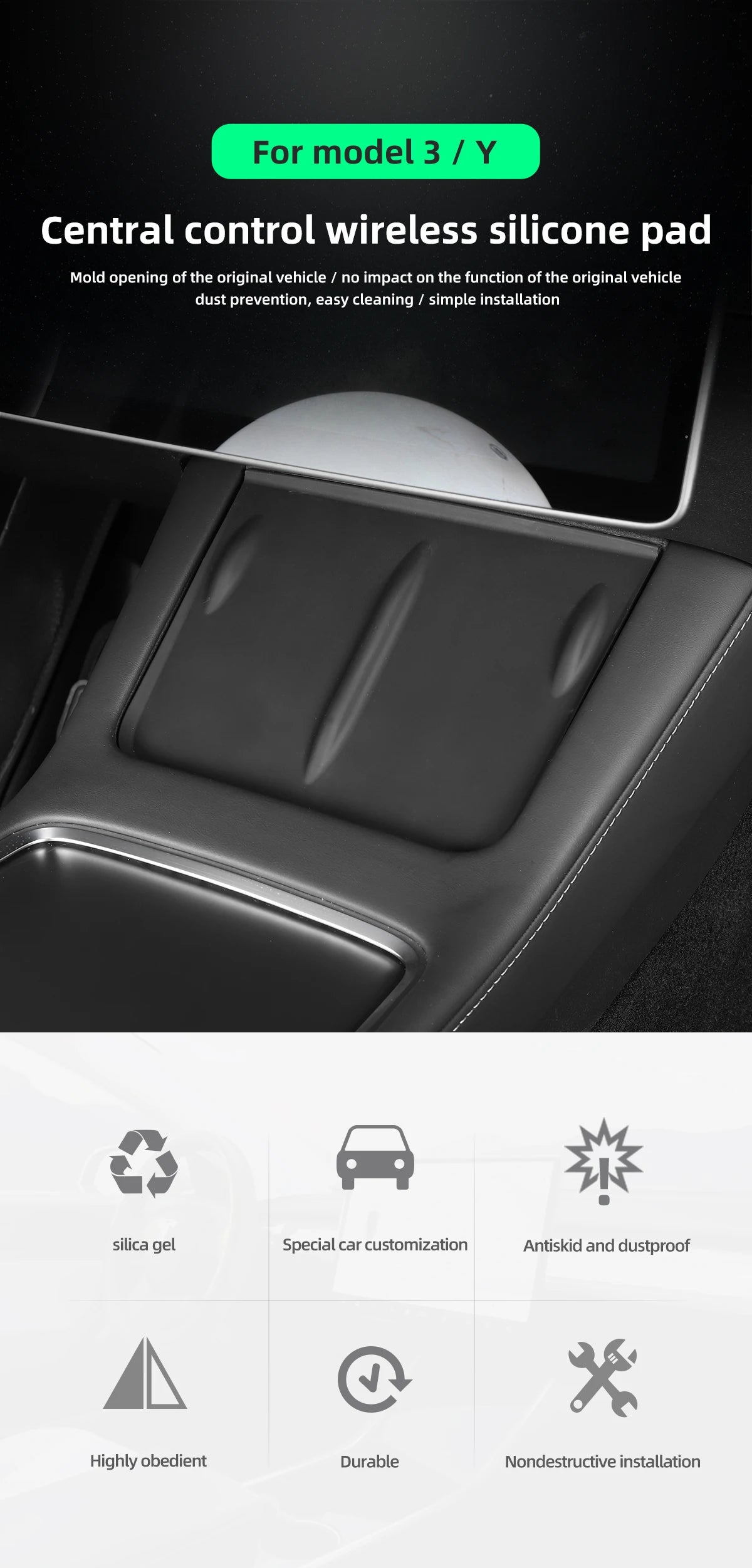 Wireless Charger Pad For Tesla Model 3 Y S X Highland 2024 2023 2022 Accessories Center Console Organizer Charging Station Mats