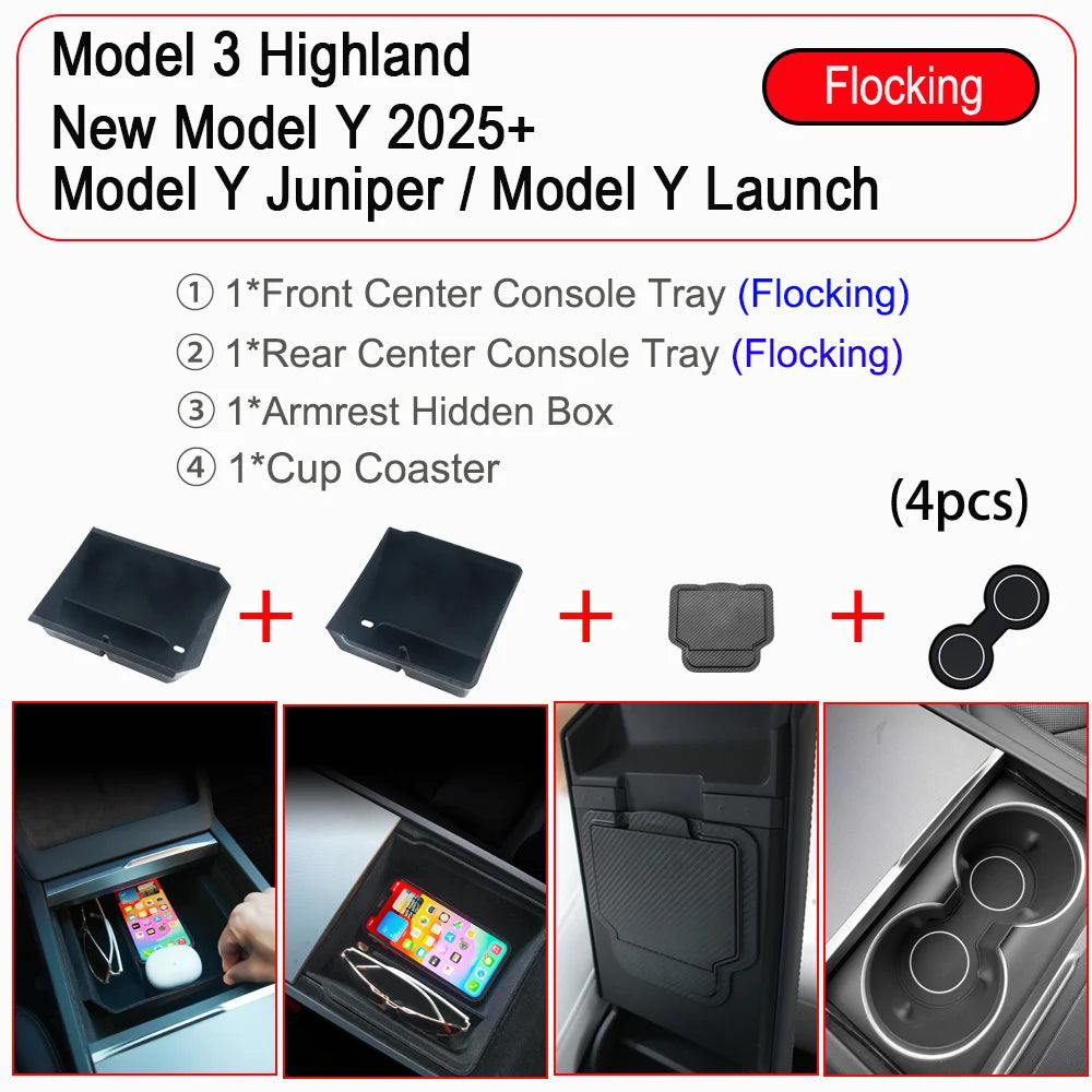 Center Console Trays for Tesla Model Y Juniper 2025 Launch Model 3 Highland Organizer Accessories Armrest Storage Box Cup Holder
