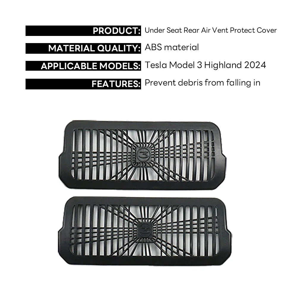 For Tesla New Model 3 Highland 2024 Under Seat Rear Air Vent Protect Cover Anti-blocking Backseat Outlet Grille Protector Parts