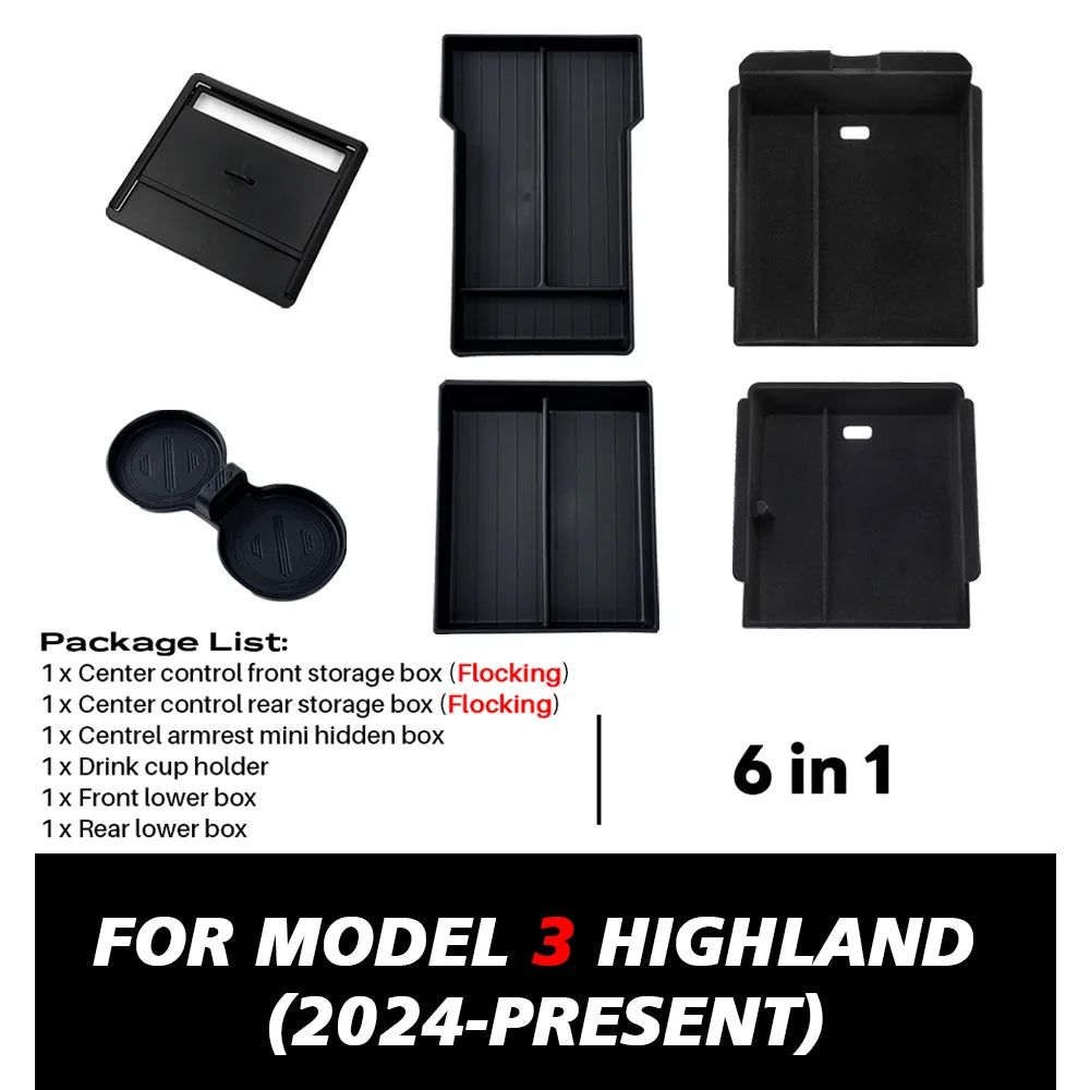 for Tesla Model 3 Highland 2024 Console Armrest Storage box Interior Organizer ABS Rubber Pad or Flocking