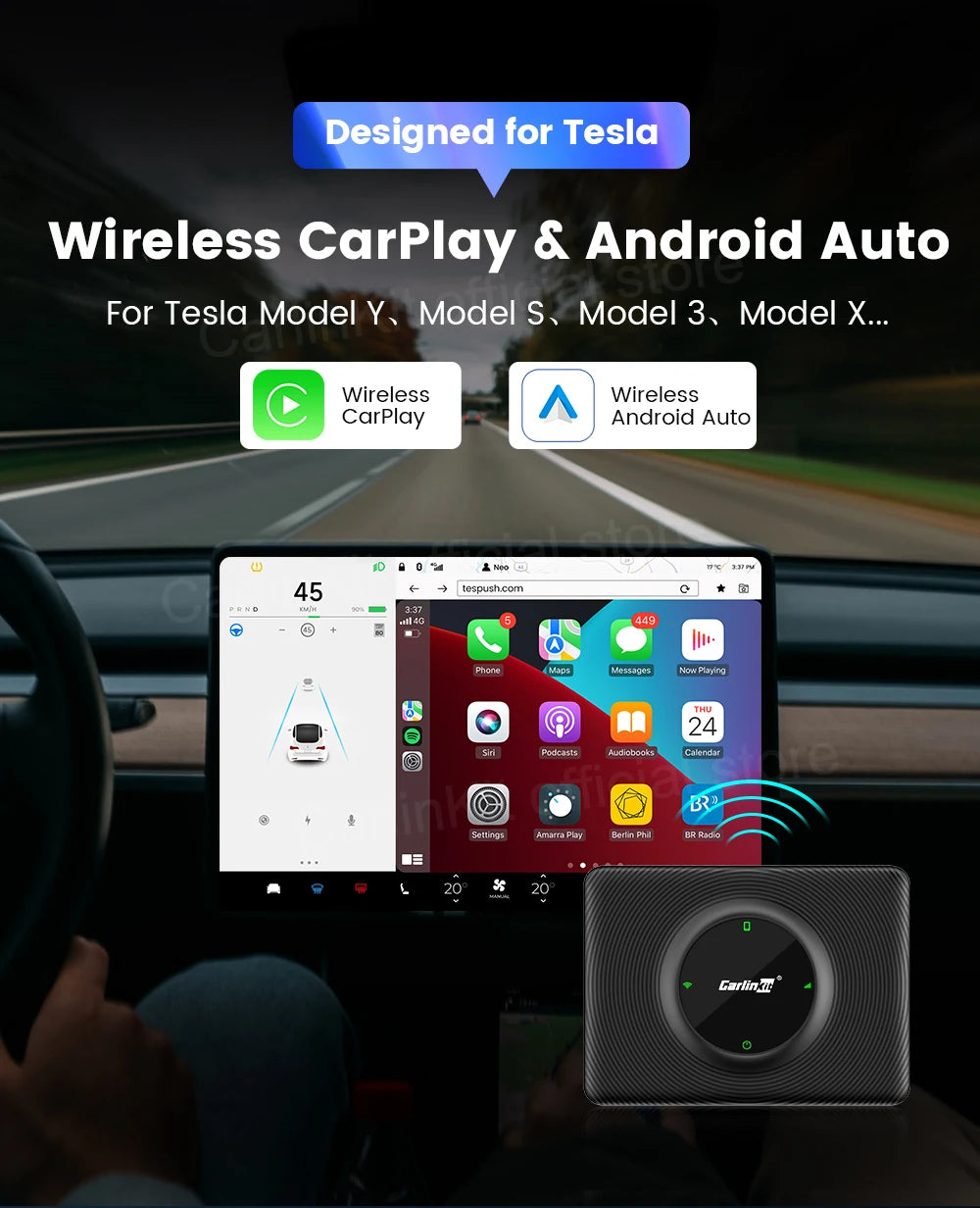 CarlinKit Wireless Android Auto & CarPlay USB Adapter For Tesla Car Model 3 Model Y Model X/S Online Upgrade Waze Spotify Ai Box