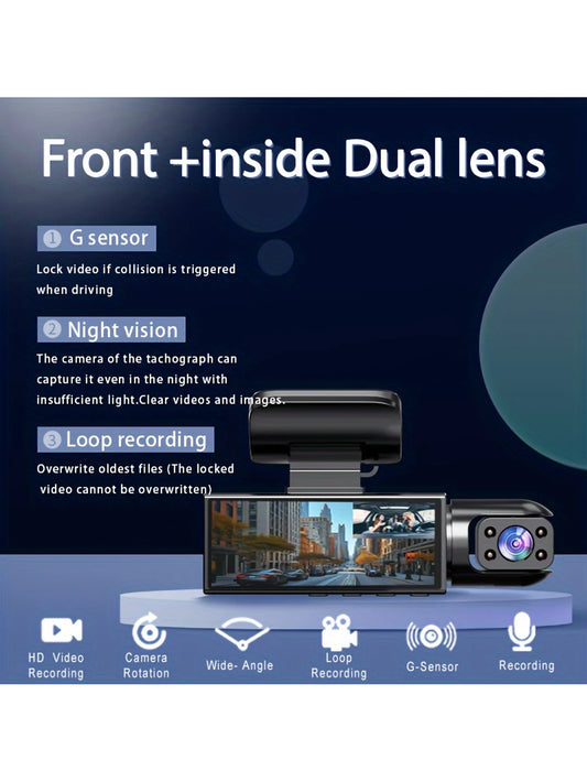 Dash Cam for Cars Dual Camera Front 1080P and Inside 720P with IR Night Vision, Loop Recording, and Wide Angle Lens