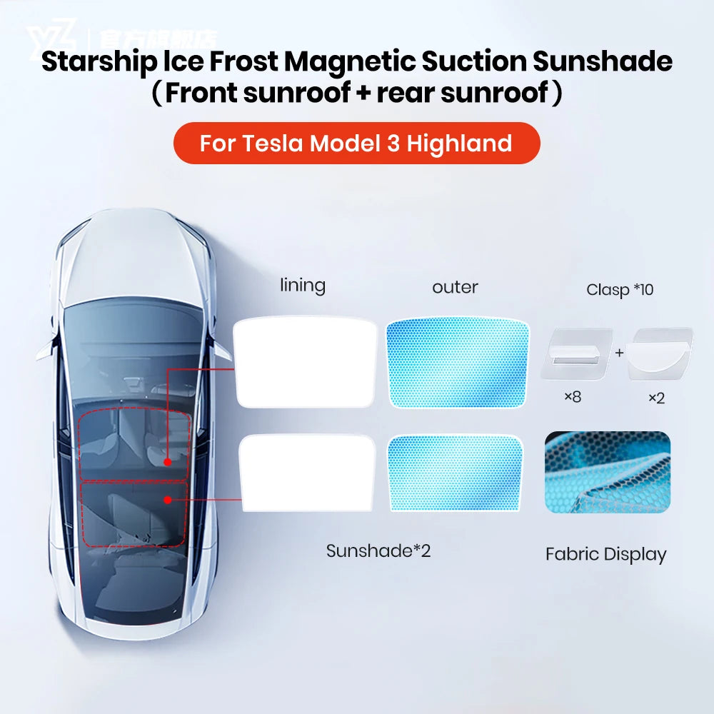YZ For Tesla Model 3 Y Highland 2021-2024 sun visor for car Upgrade Ice Cloth Buckle Sun Shades Glass Roof Skylight Vehicle