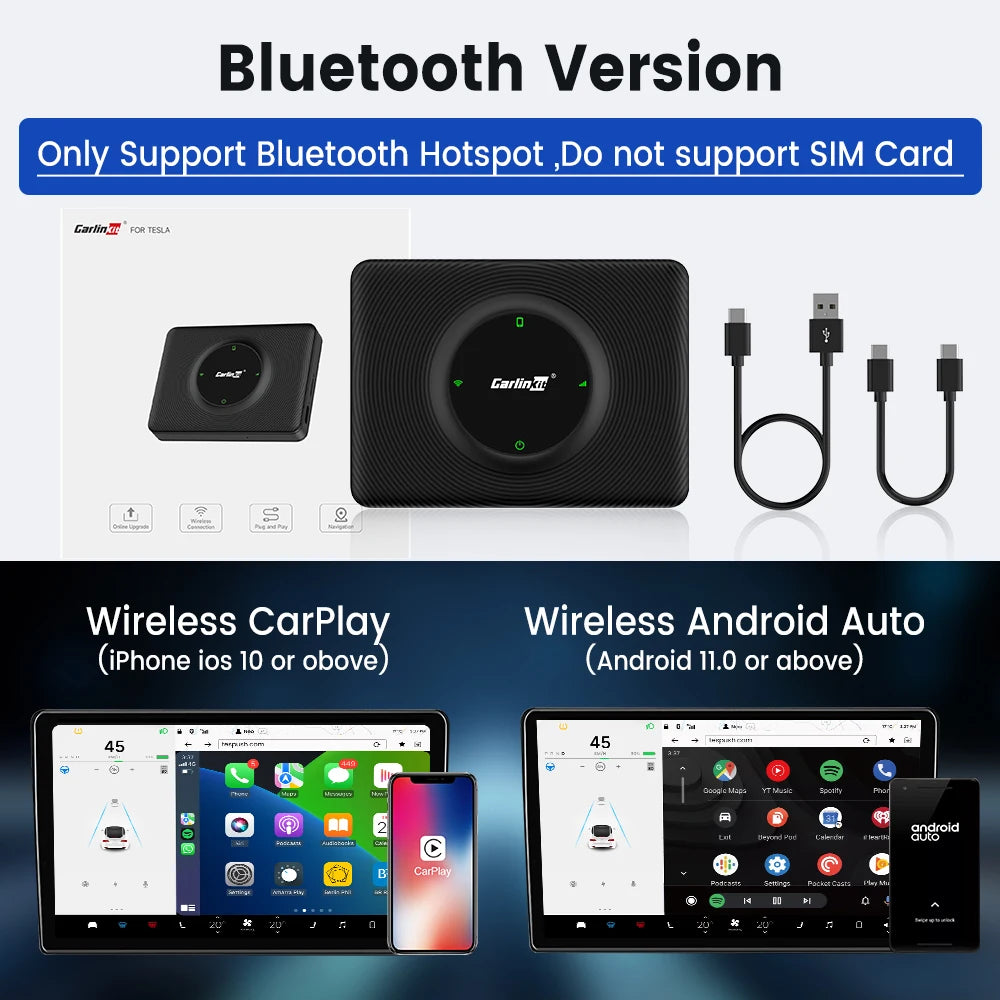 CarlinKit Wireless Android Auto & CarPlay USB Adapter For Tesla Car Model 3 Model Y Model X/S Online Upgrade Waze Spotify Ai Box