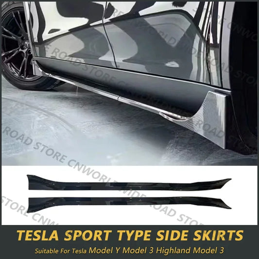 For Tesla Model 3 Y Highland 2017-2024 Side Skirts Body Kits Carbon Fiber Pattern Black ABS Fast Tunning For Tesla Accessories