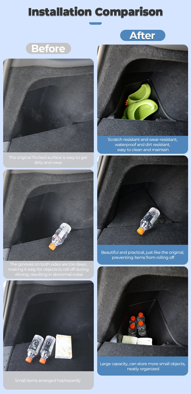 Futhope Car Trunk Side Storage Box For Tesla Model Y New juniper Flocking Cover Mat Partition Board Stowing Space Decoration