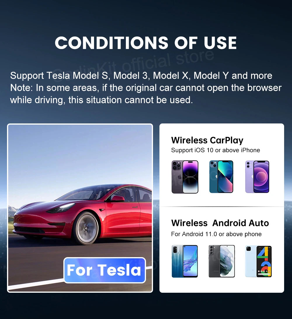 CarlinKit Wireless Android Auto & CarPlay USB Adapter For Tesla Car Model 3 Model Y Model X/S Online Upgrade Waze Spotify Ai Box