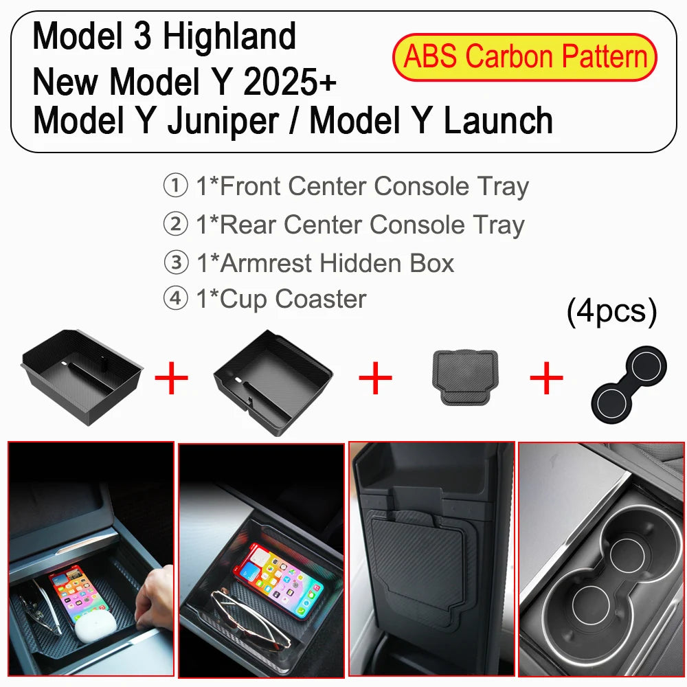 Center Console Trays for Tesla Model Y Juniper 2025 Launch Model 3 Highland Organizer Accessories Armrest Storage Box Cup Holder