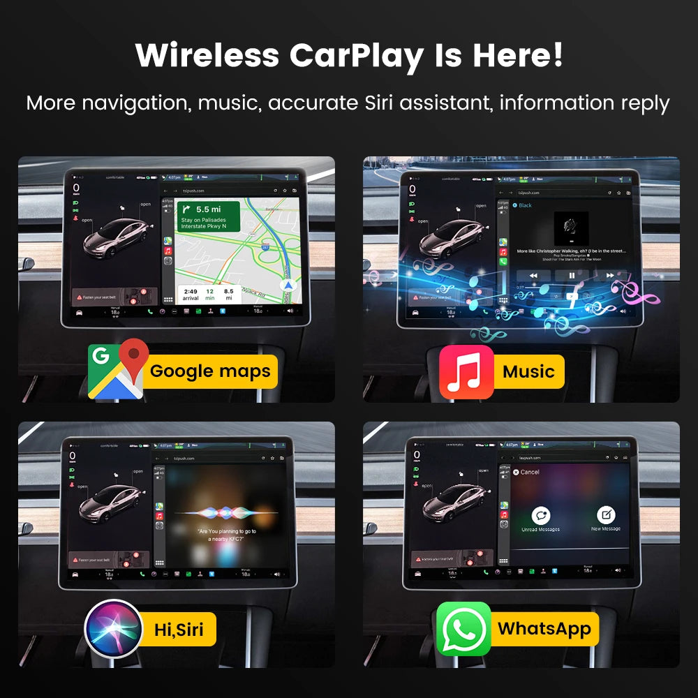 T2C Carlinkit Wireless CarPlay Adapter For Tesla Car Play Wireless Dongle for Model 3 Model Y S X Waze Spotify Android Auto
