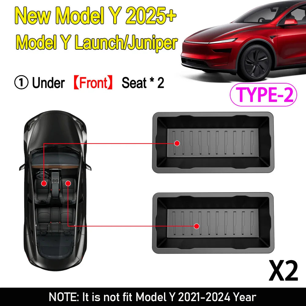 Under Seat Storage Box For Tesla Model Y Juniper 2025 Center Console Organizer Bins Front Backseat Bag Trash Tray Accessories