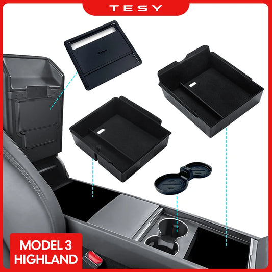 for Tesla Model 3 Highland 2024 Console Armrest Storage box Interior Organizer ABS Rubber Pad or Flocking