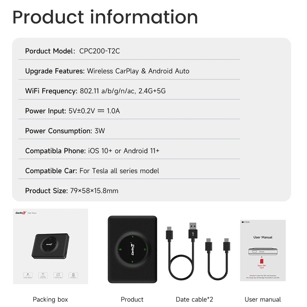 T2C Carlinkit Wireless CarPlay Adapter For Tesla Car Play Wireless Dongle for Model 3 Model Y S X Waze Spotify Android Auto