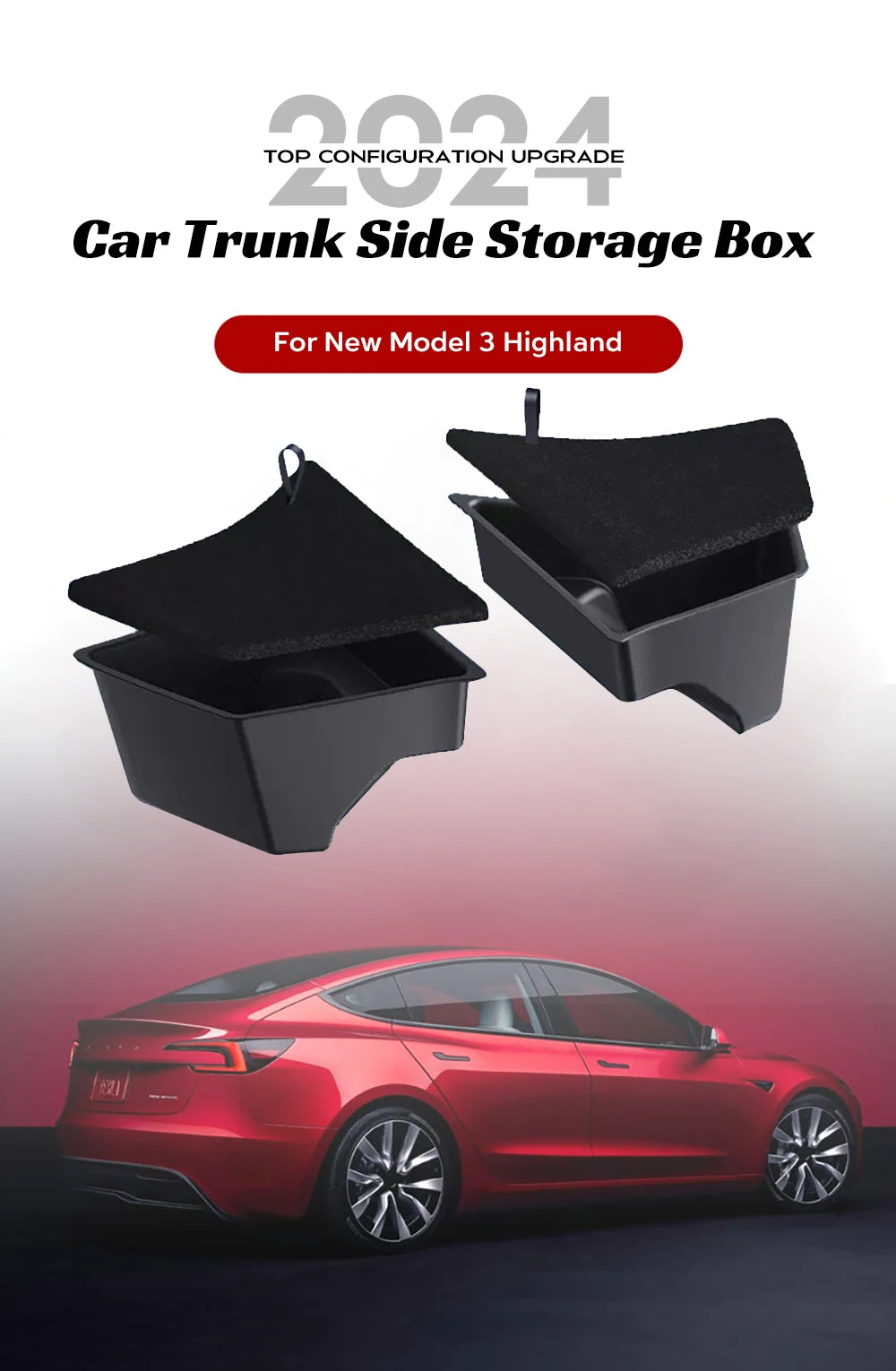 For 2024 Tesla Model 3 highland Rear Trunk Left Side Storage Box with Cover Tail Boot Organizer Partition Decoration Accessories