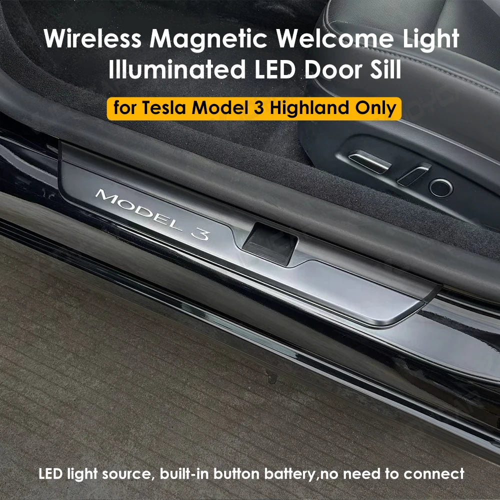 New Welcome Door Sill Protector for Model 3 Highland 4pcs Wireless LED Magnetic Illuminated Pedal Kits For Tesla Car Accessories