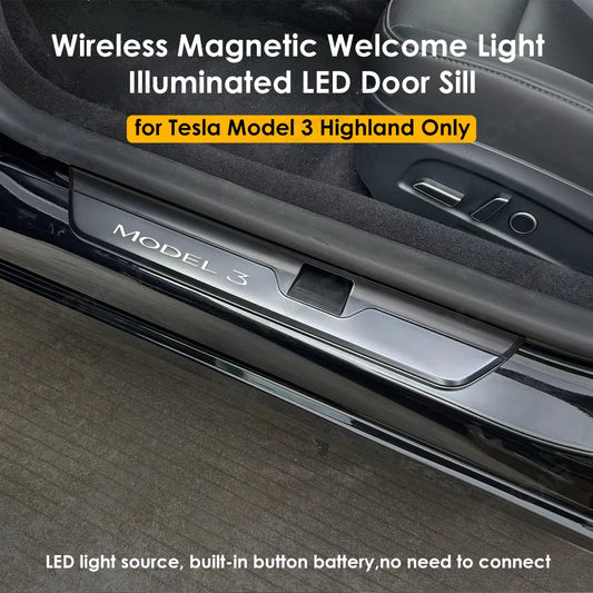 New Welcome Door Sill Protector for Model 3 Highland 4pcs Wireless LED Magnetic Illuminated Pedal Kits For Tesla Car Accessories