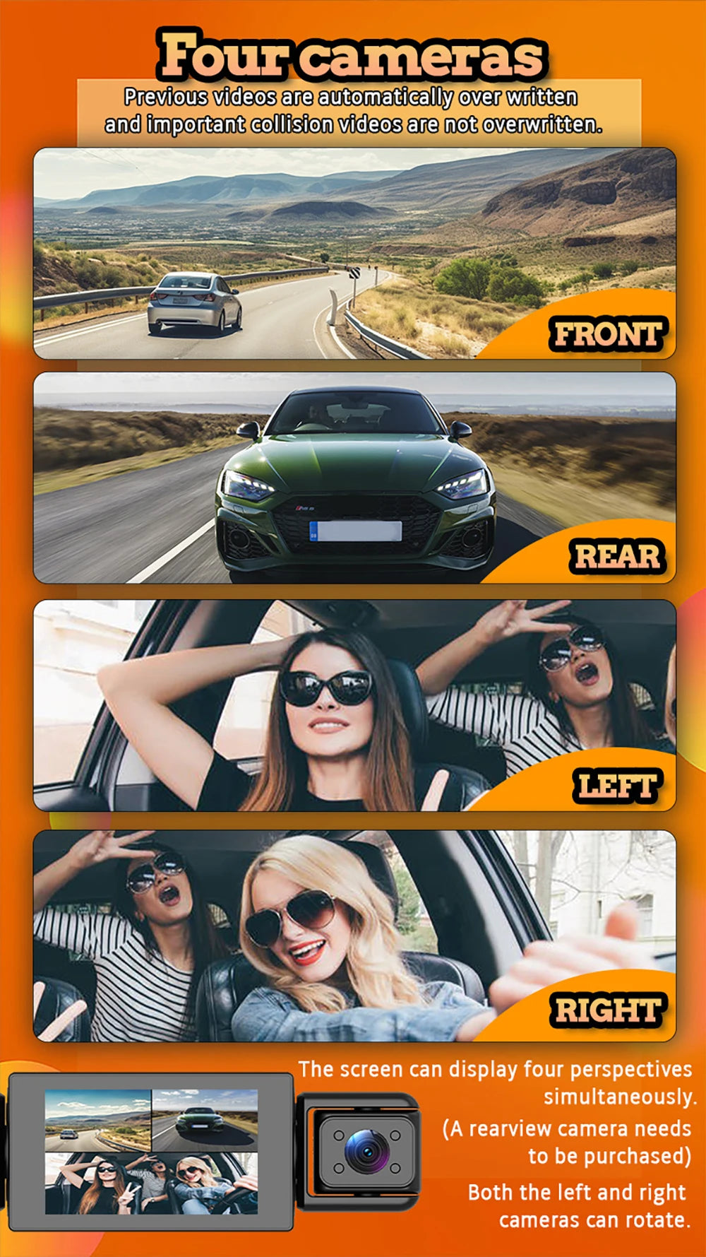 Dash Cam for Car 3/4 Channels Video Recorder 1080P Car DVR  Front inside Rotatable and Rear View Night Vision Car accessory