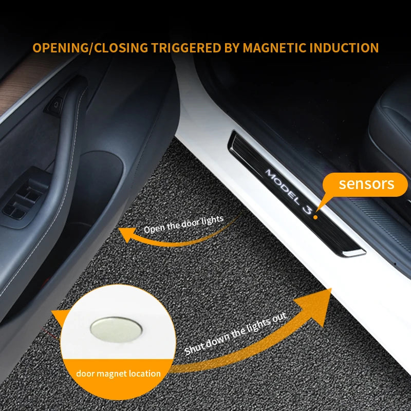New Wireless LED illuminated Pedal Magnet Car 4xDoor Sills Protector Model Y Model 3 Door Edge Protectors For Tesla Accessories
