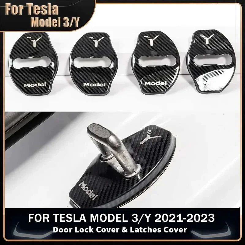 Car Door Lock Buckle Cover Door Lock For Tesla Model Y Carbon Fiber Metal  Sticker Protector Accessories Decoration