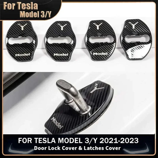 Car Door Lock Buckle Cover Door Lock For Tesla Model Y Carbon Fiber Metal  Sticker Protector Accessories Decoration