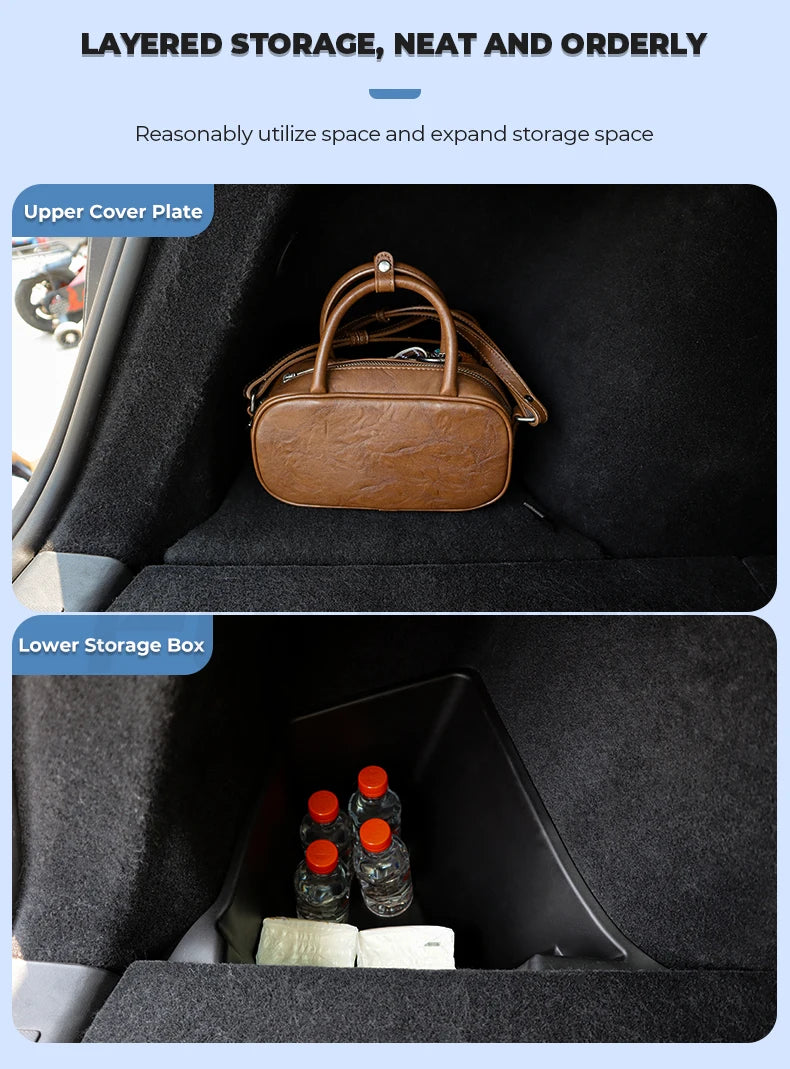 Futhope Car Trunk Side Storage Box For Tesla Model Y New juniper Flocking Cover Mat Partition Board Stowing Space Decoration