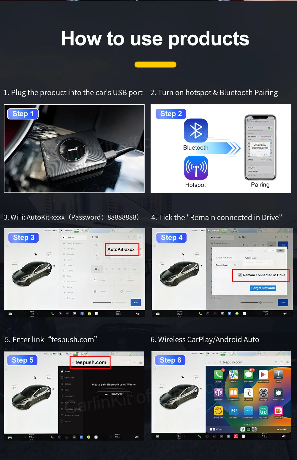 CarlinKit Wireless Android Auto & CarPlay USB Adapter For Tesla Car Model 3 Model Y Model X/S Online Upgrade Waze Spotify Ai Box