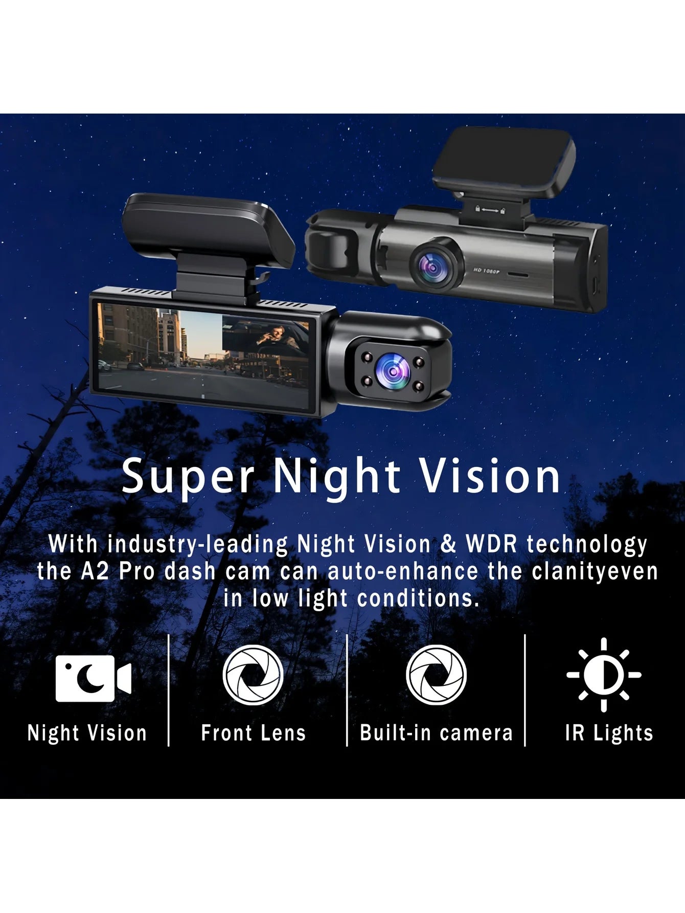 Dash Cam for Cars Dual Camera Front 1080P and Inside 720P with IR Night Vision, Loop Recording, and Wide Angle Lens