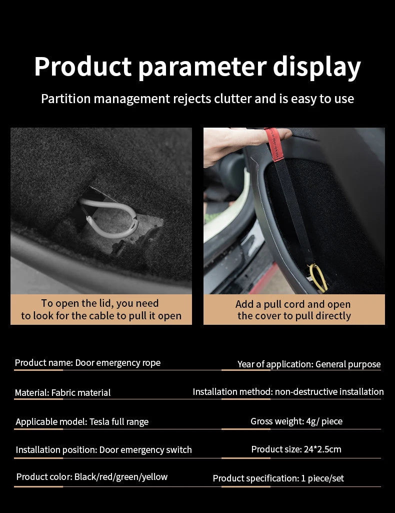 Car Door Emergency Handle Extended Manual Door Release Emergency Safety Pull Rope Emergency Puller Button for Tesla Model Y