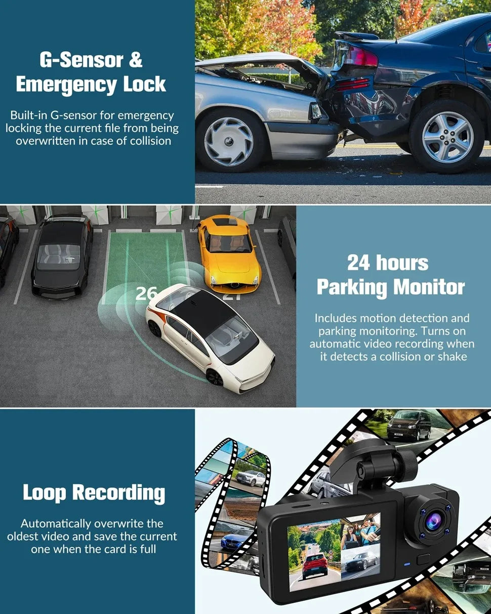 Dash Cam for Cars Camera HD 1080P Video Recorder Dashcam DVR Black Box Dual Lens DVR with Rear View Camera for Vehicle
