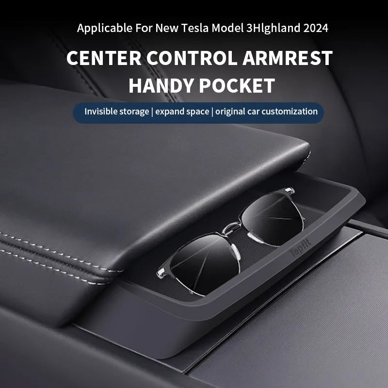 For Tesla Model 3 HIghland Armrest Glasses Storage Box For 2024 Tesla Model 3 Silicone Phone Storage Pocket