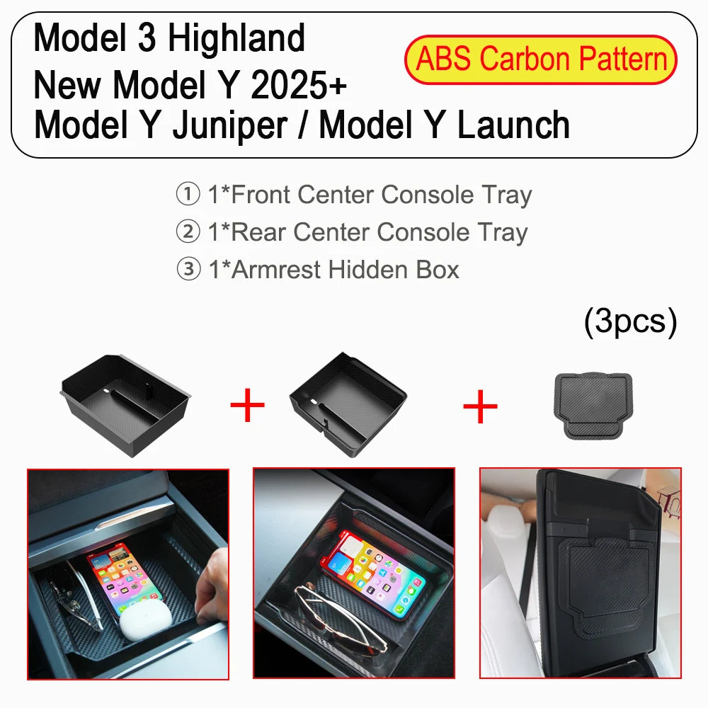 Center Console Trays for Tesla Model Y Juniper 2025 Launch Model 3 Highland Organizer Accessories Armrest Storage Box Cup Holder
